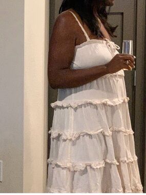 Storia  tiered cotton stripe dress with embroidered ruffles at the tiers, size L